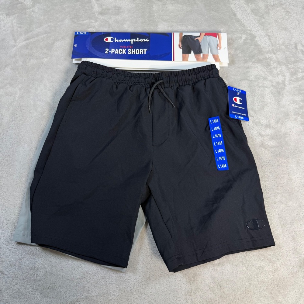 Champion 2-Pack Short Youth L 14/16 Black Grey Polyester Spandex Activewear